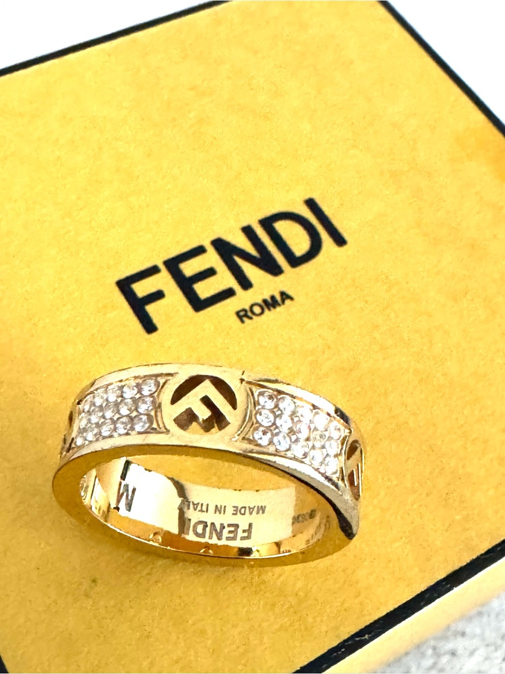 FENDI - FF Crystal Gold Tone Ring Size M Approx US 6.5-7 w Box